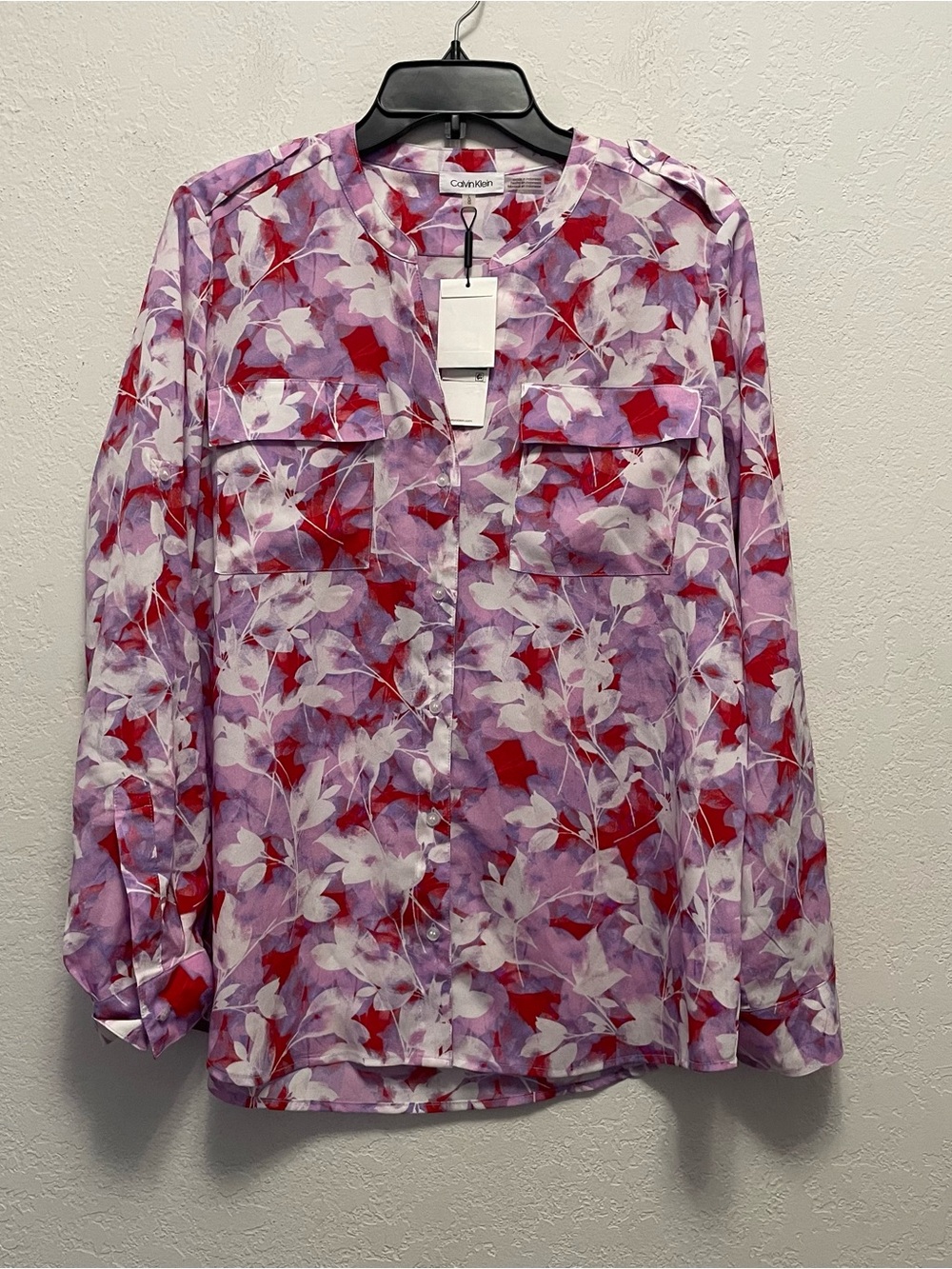 Calvin Klein Purple Floral Watercolor Roll Tab Button Down Blouse Womens L NEW